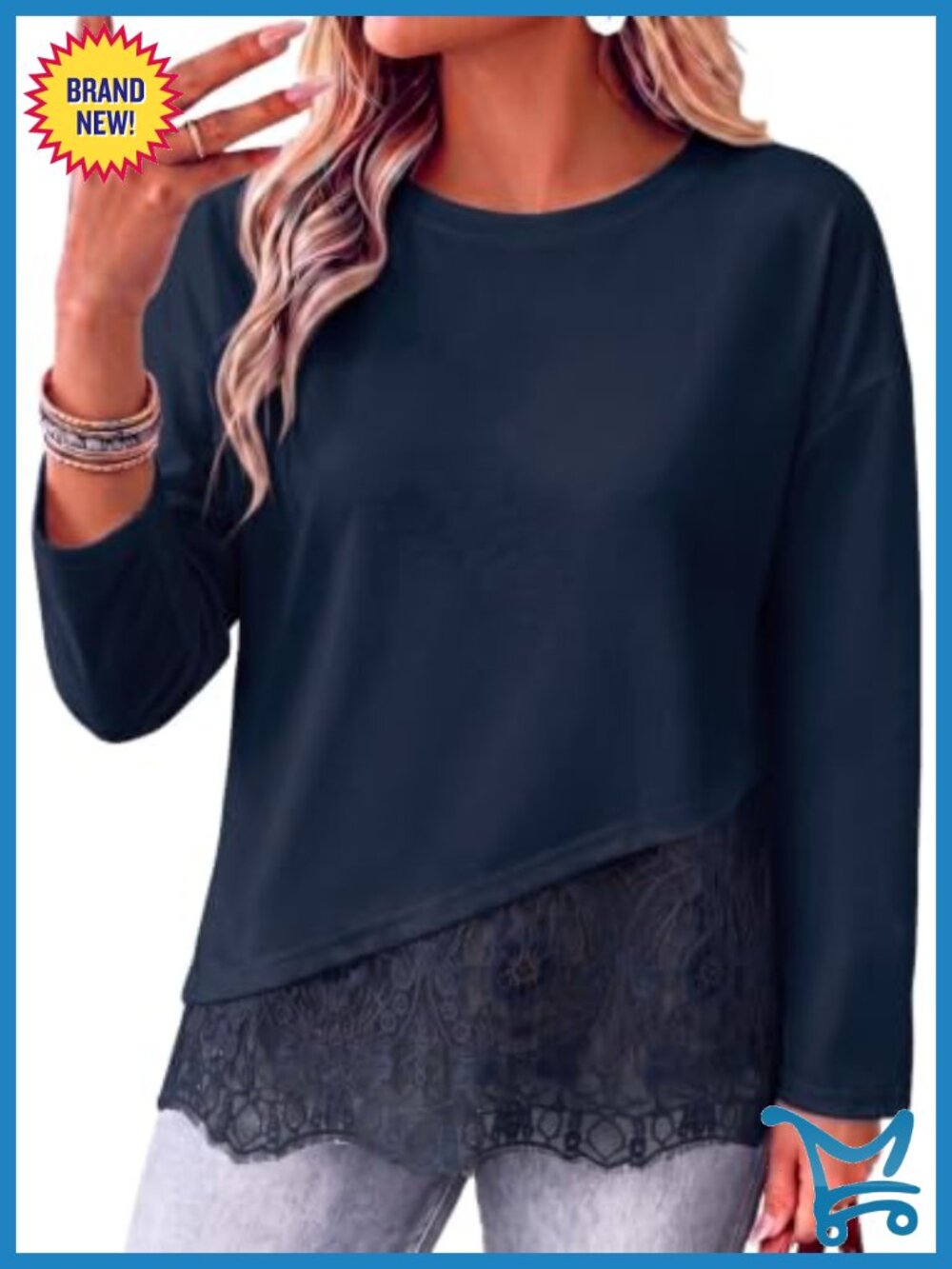 Plus Size Lace Patchwork Long Sleeve Top Drop Shoulder Crew Neck Casual
